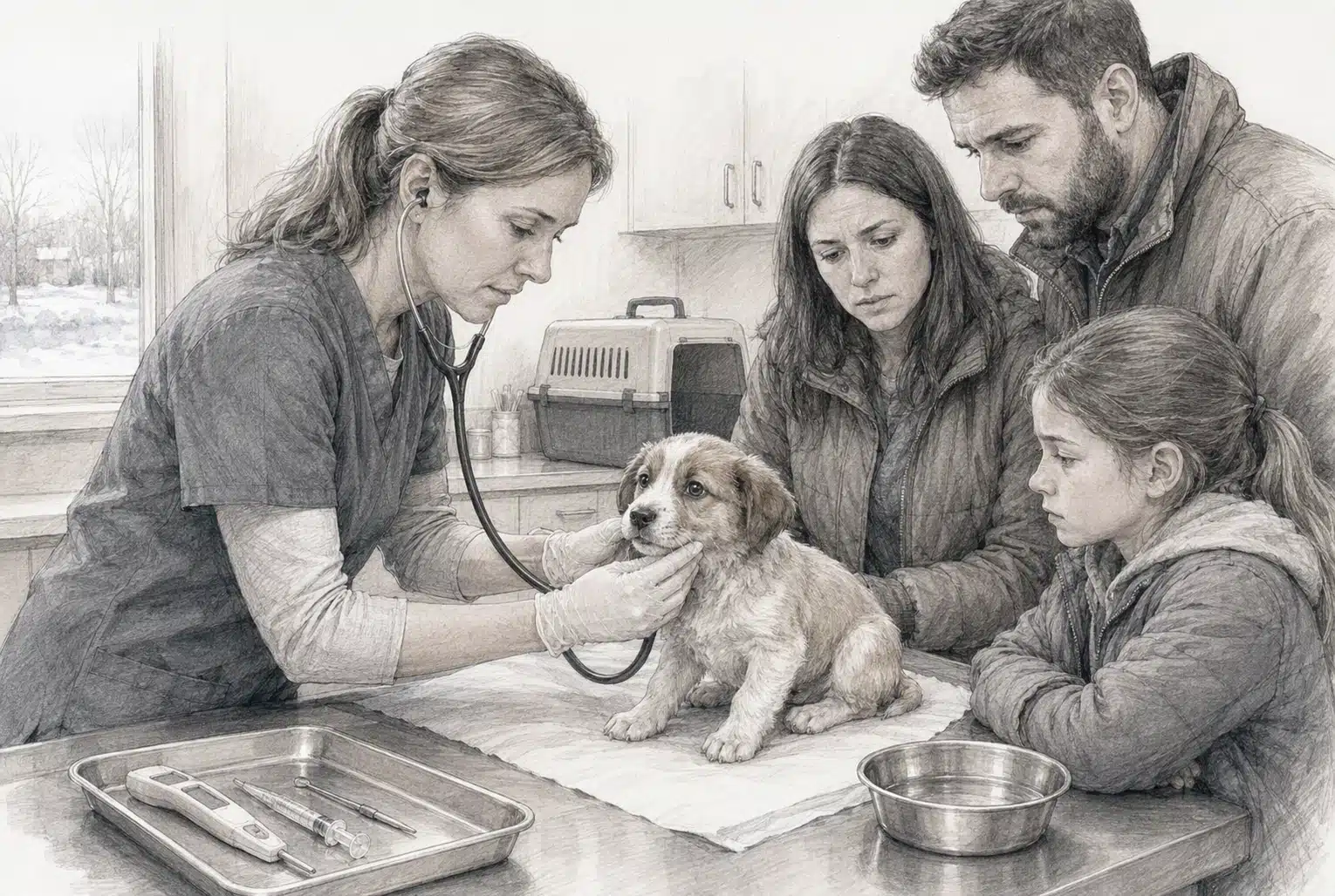 Veterinarian examining puppy while family watches nearby