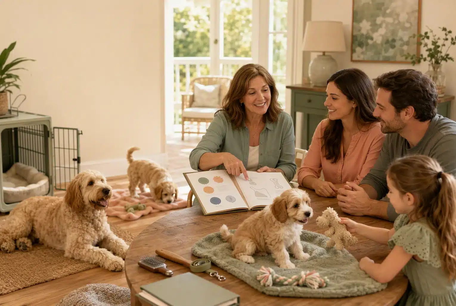Family reviewing puppy health records with breeder