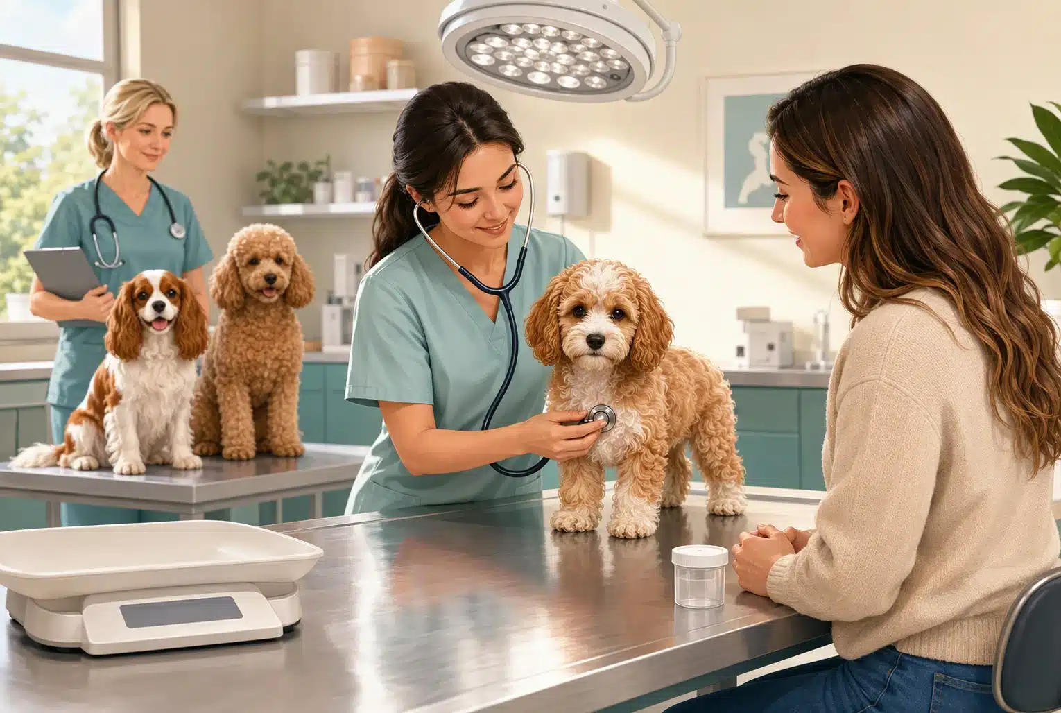 Veterinarian examining a small Cavapoo puppy