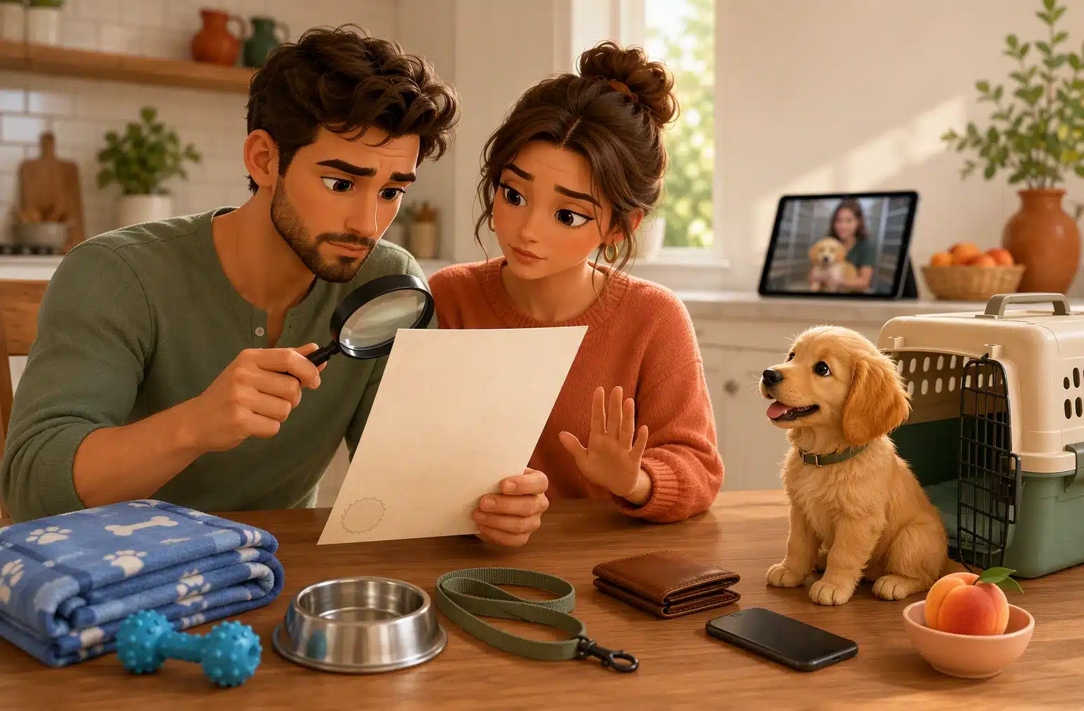 Couple reviewing puppy contract at kitchen table