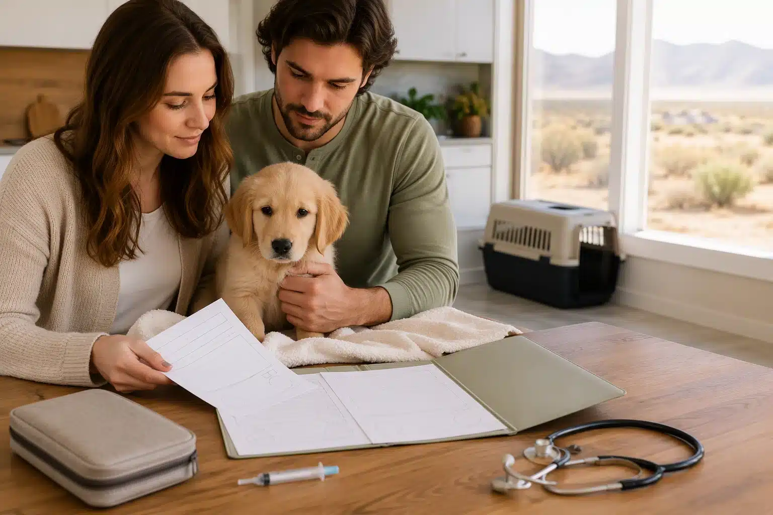 Family reviewing puppy vaccine records at kitchen table