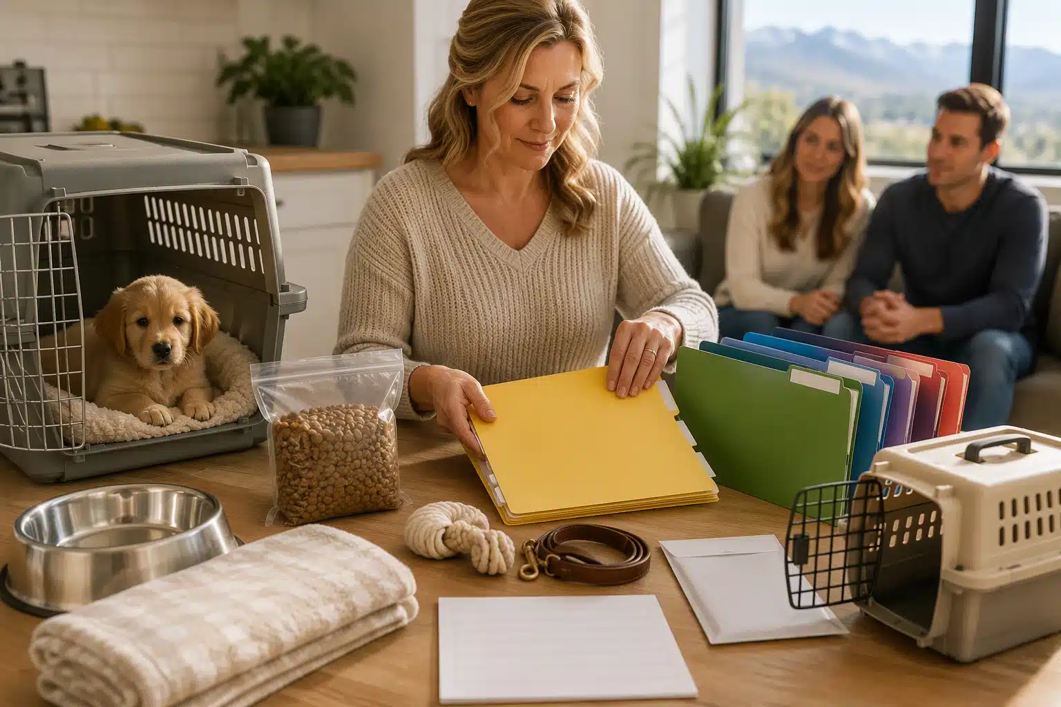 Organized breeder supplies with labeled health folders for puppy transition