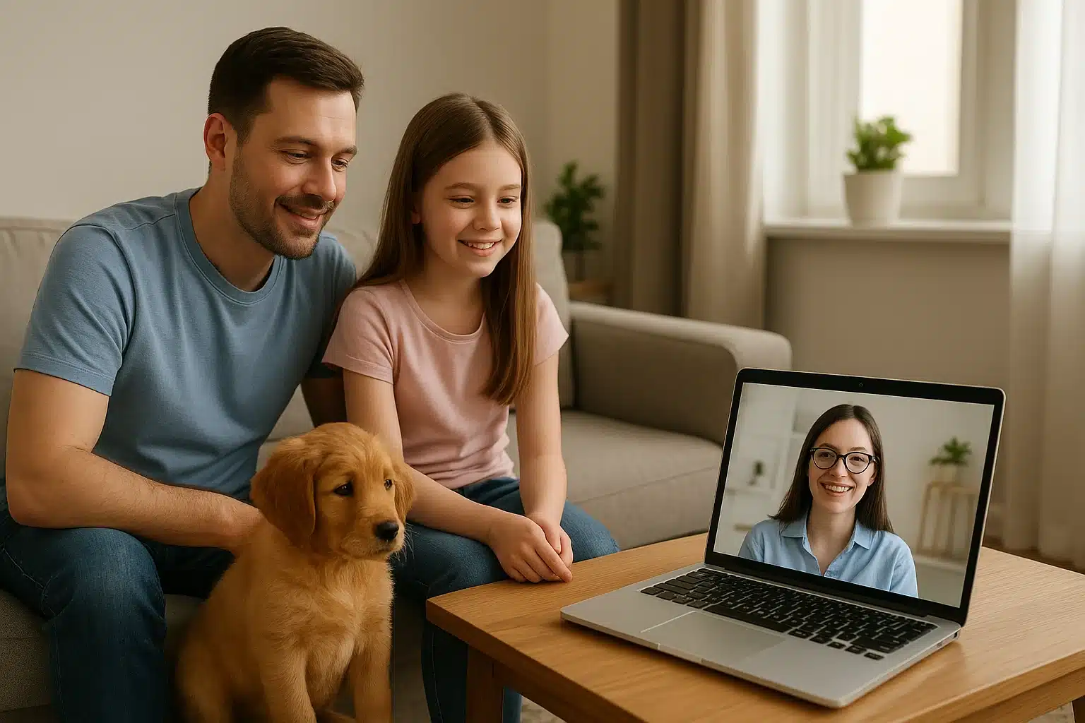 Family video call with breeder while puppy settles