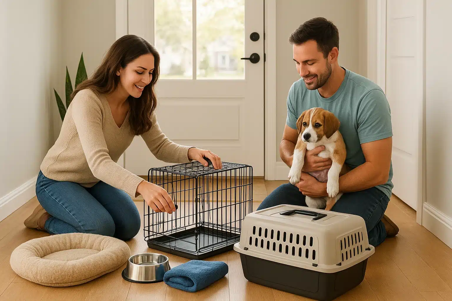 Sunlit entryway with puppy crate and travel supplies