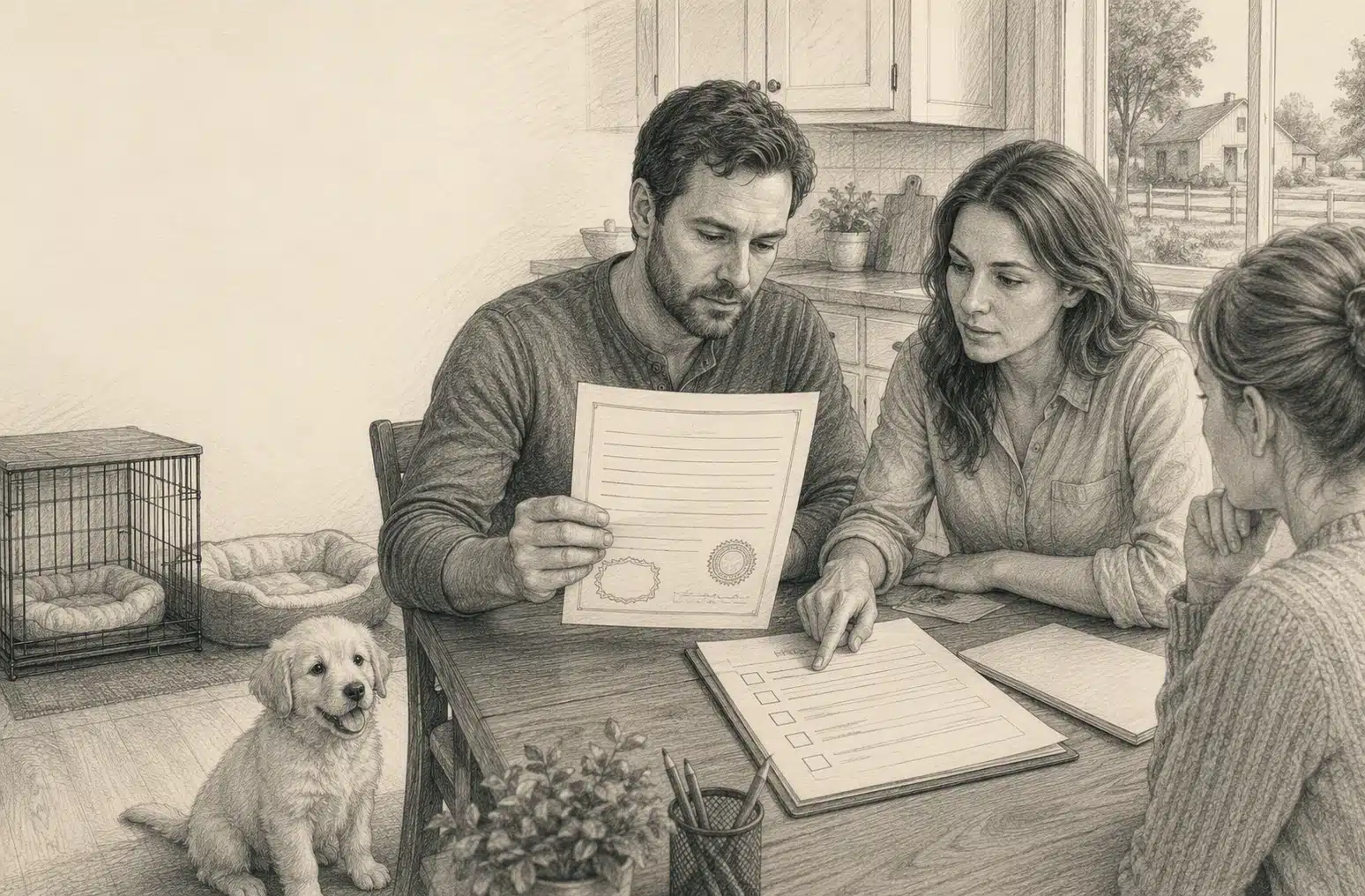 Family reviewing breeder license documents