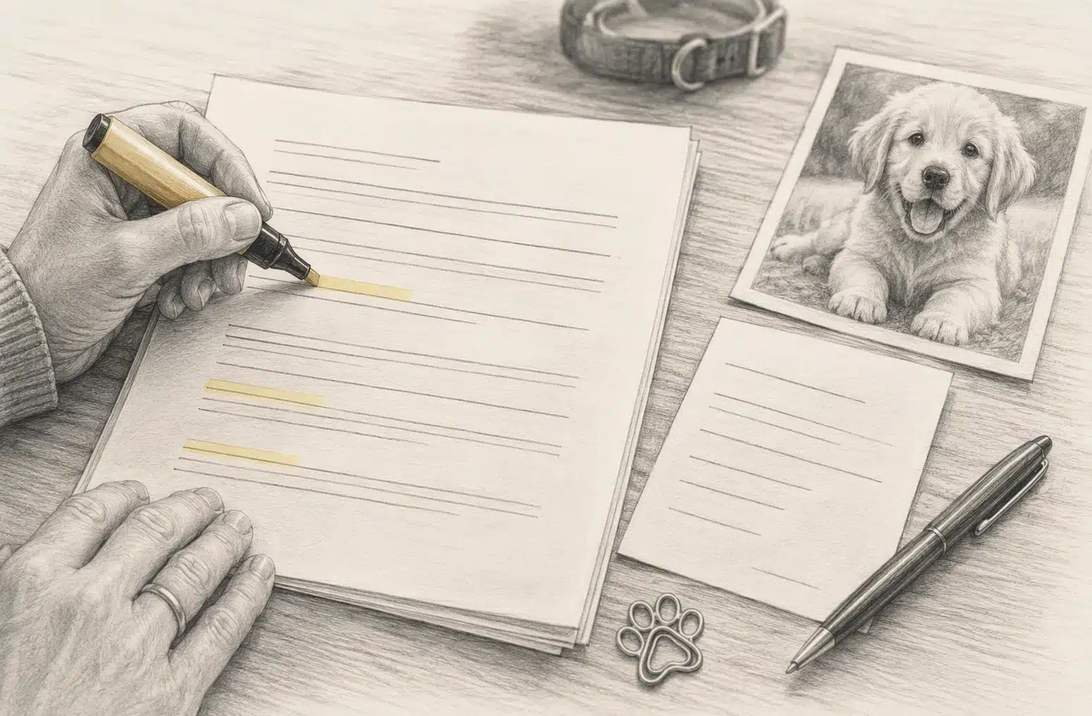 Close-up of hand highlighting puppy deposit agreement