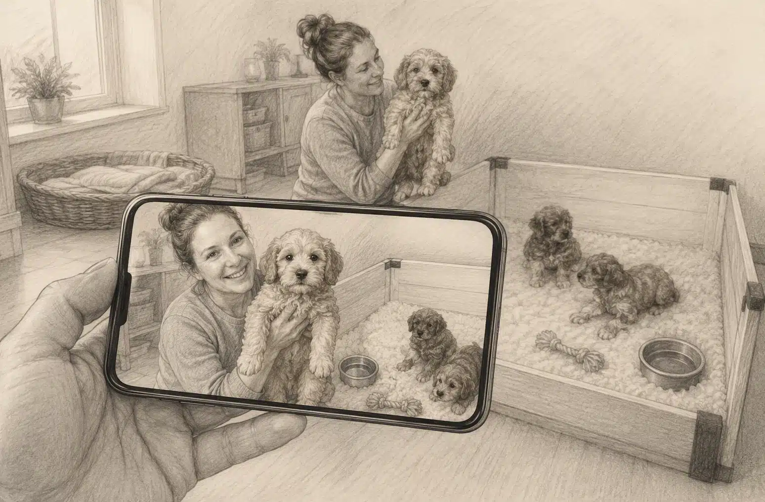 Pencil sketch of breeder showing puppy on video call