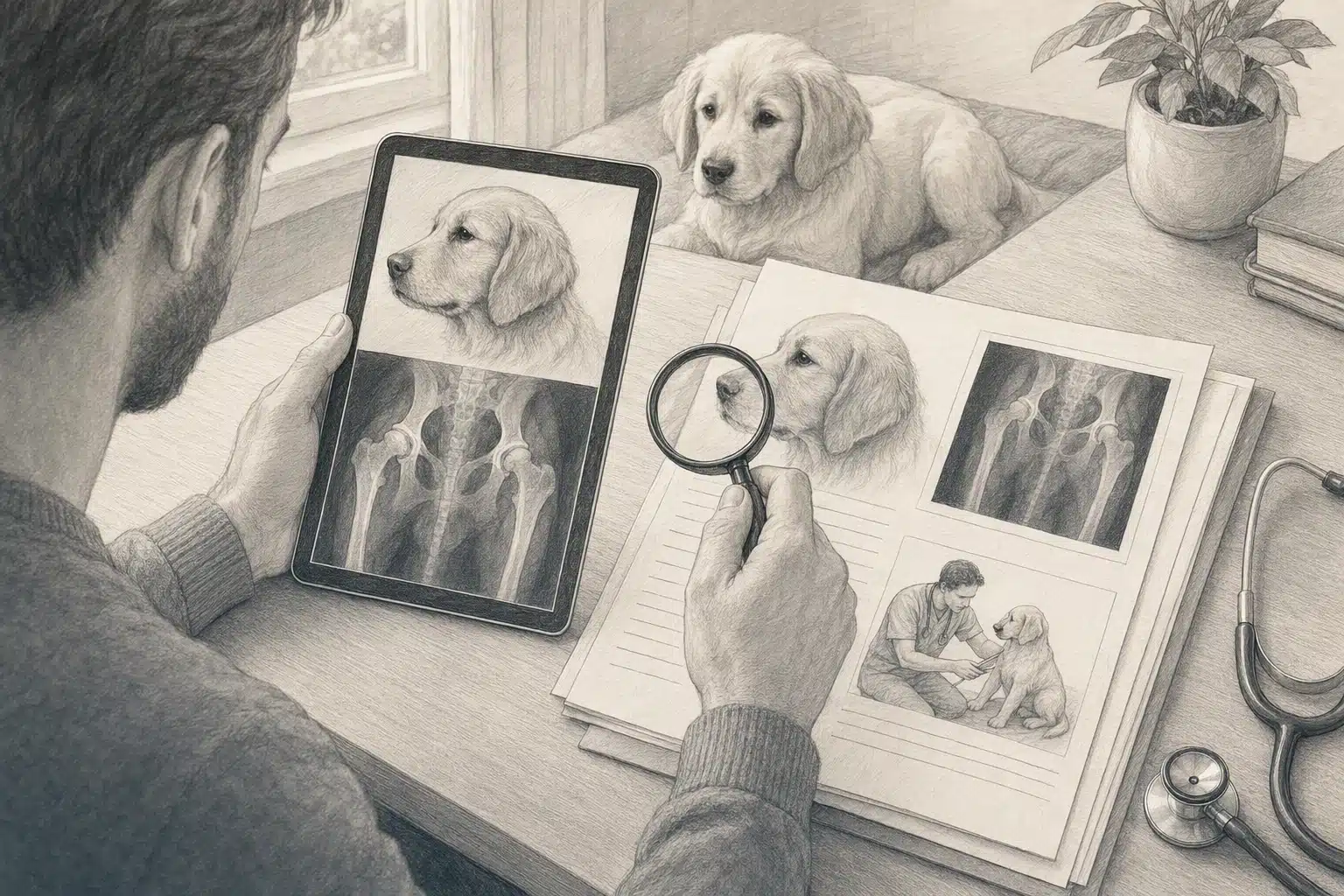 Pencil sketch of buyer comparing puppy health records