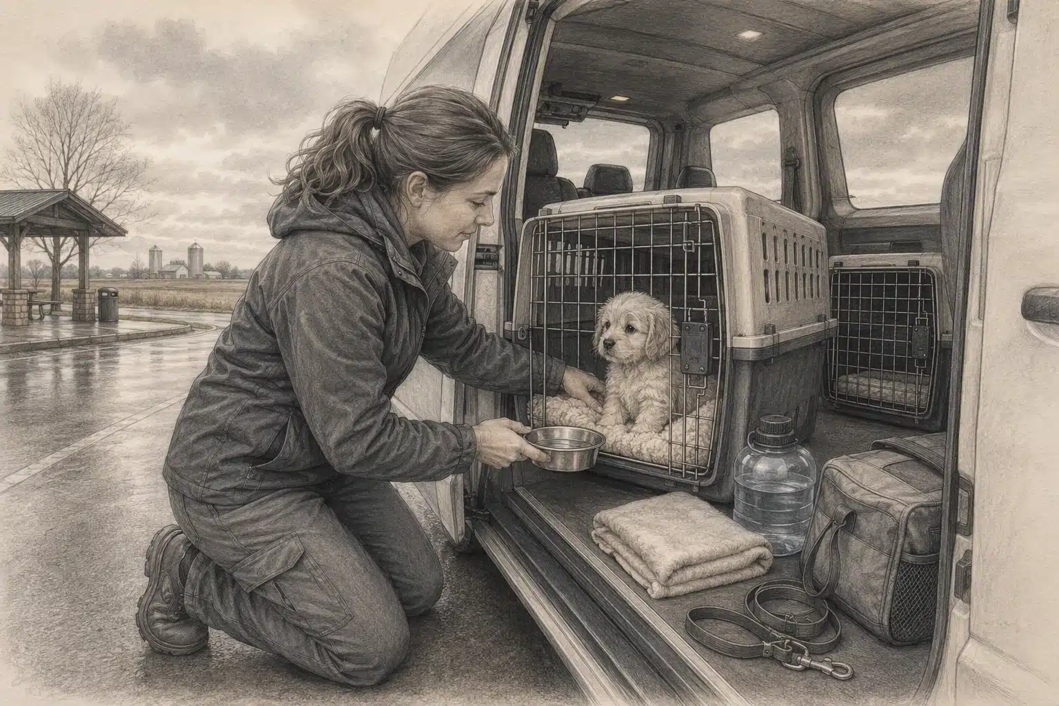 Pencil sketch of caregiver checking puppy in travel crate