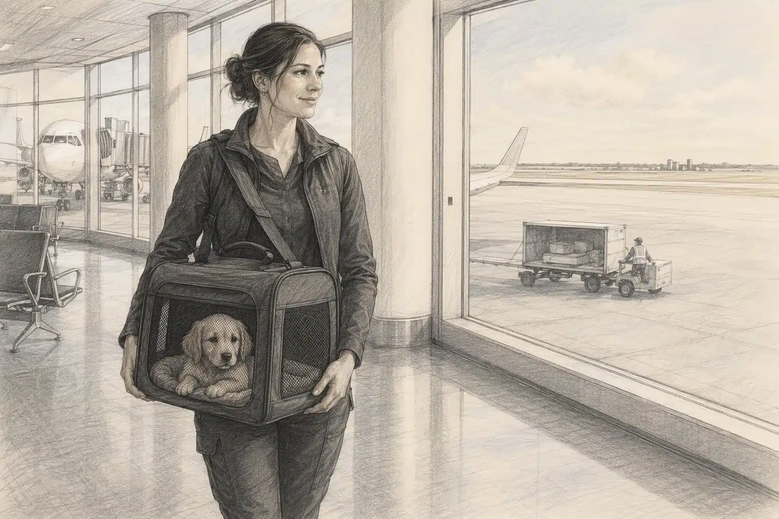 Pencil sketch of a flight nanny carrying a puppy carrier through a bright airport terminal
