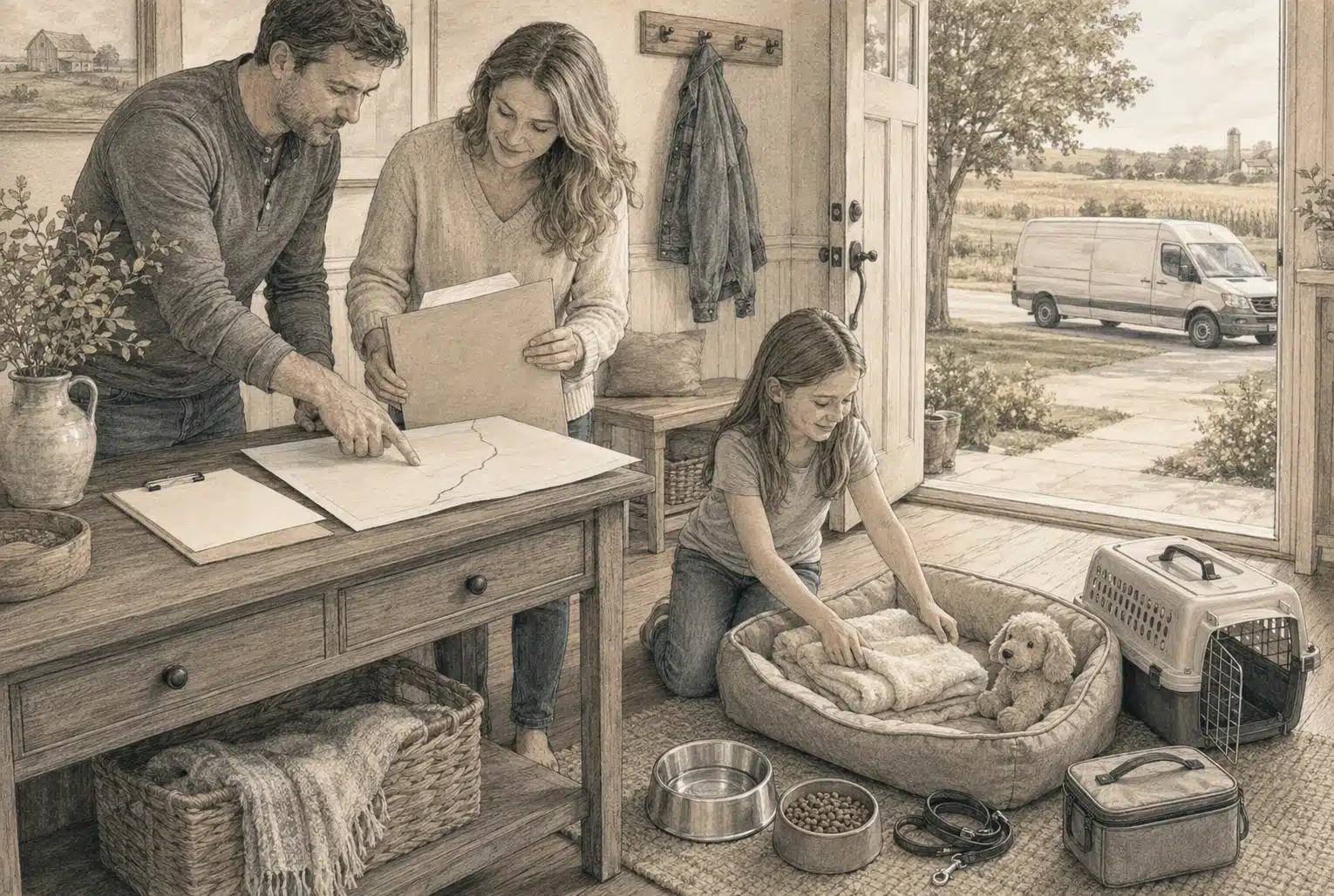 Family arranging puppy papers by Iowa entryway