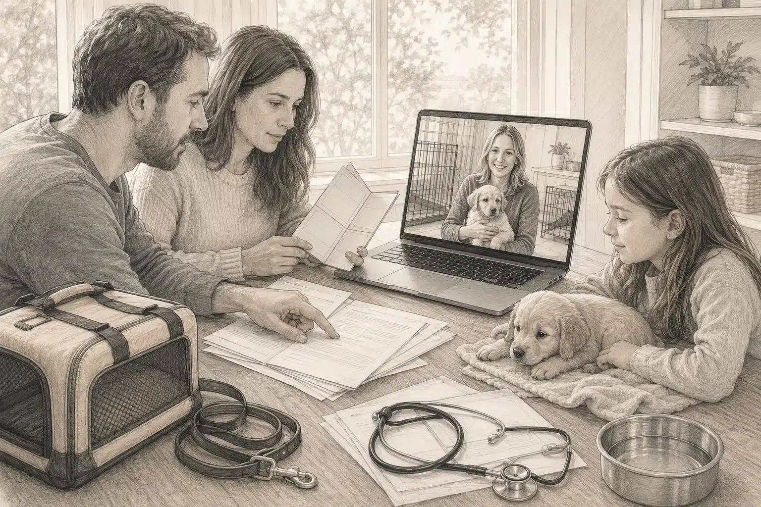 Family reviewing puppy records on video call