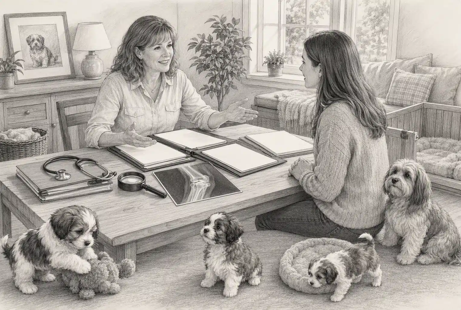 Breeder reviewing health certificates beside puppies