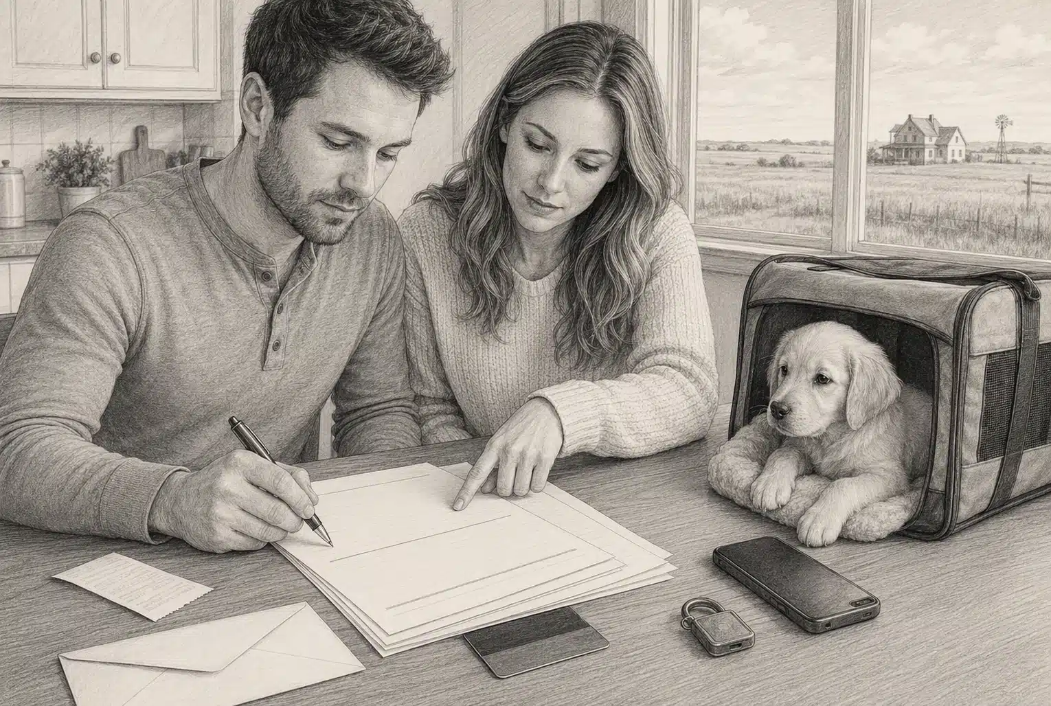 Couple reviewing Kansas puppy reservation agreement