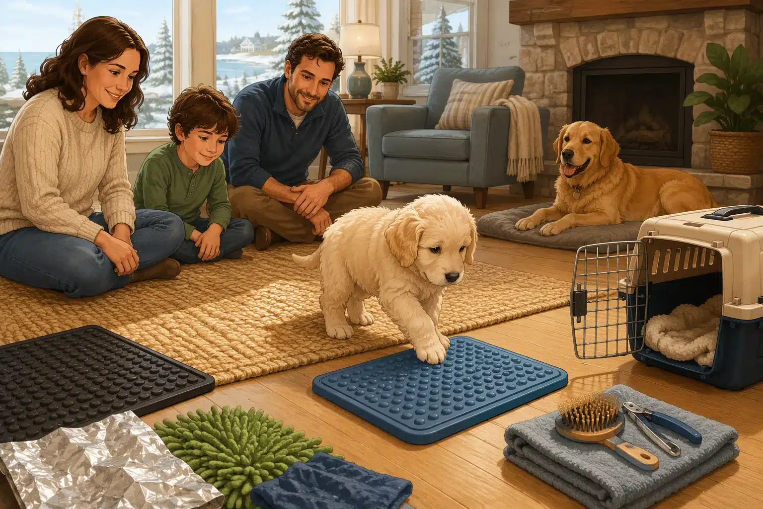 Puppy exploring textures beside relaxed family