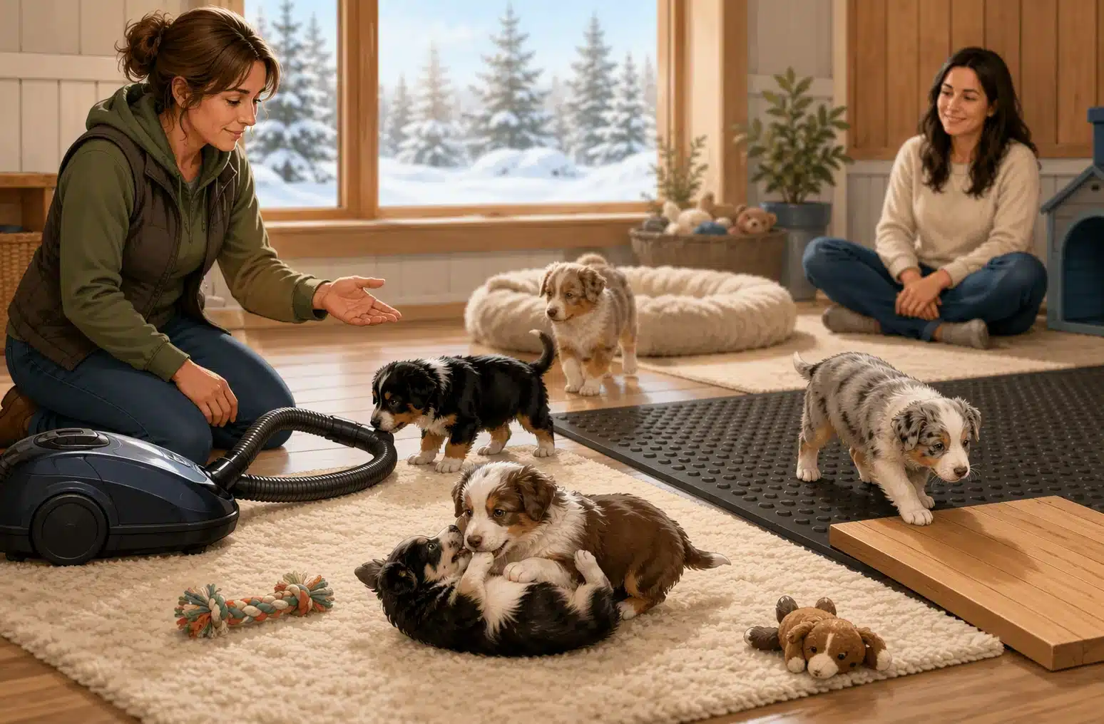 A breeder calmly introduces puppies to a vacuum cleaner