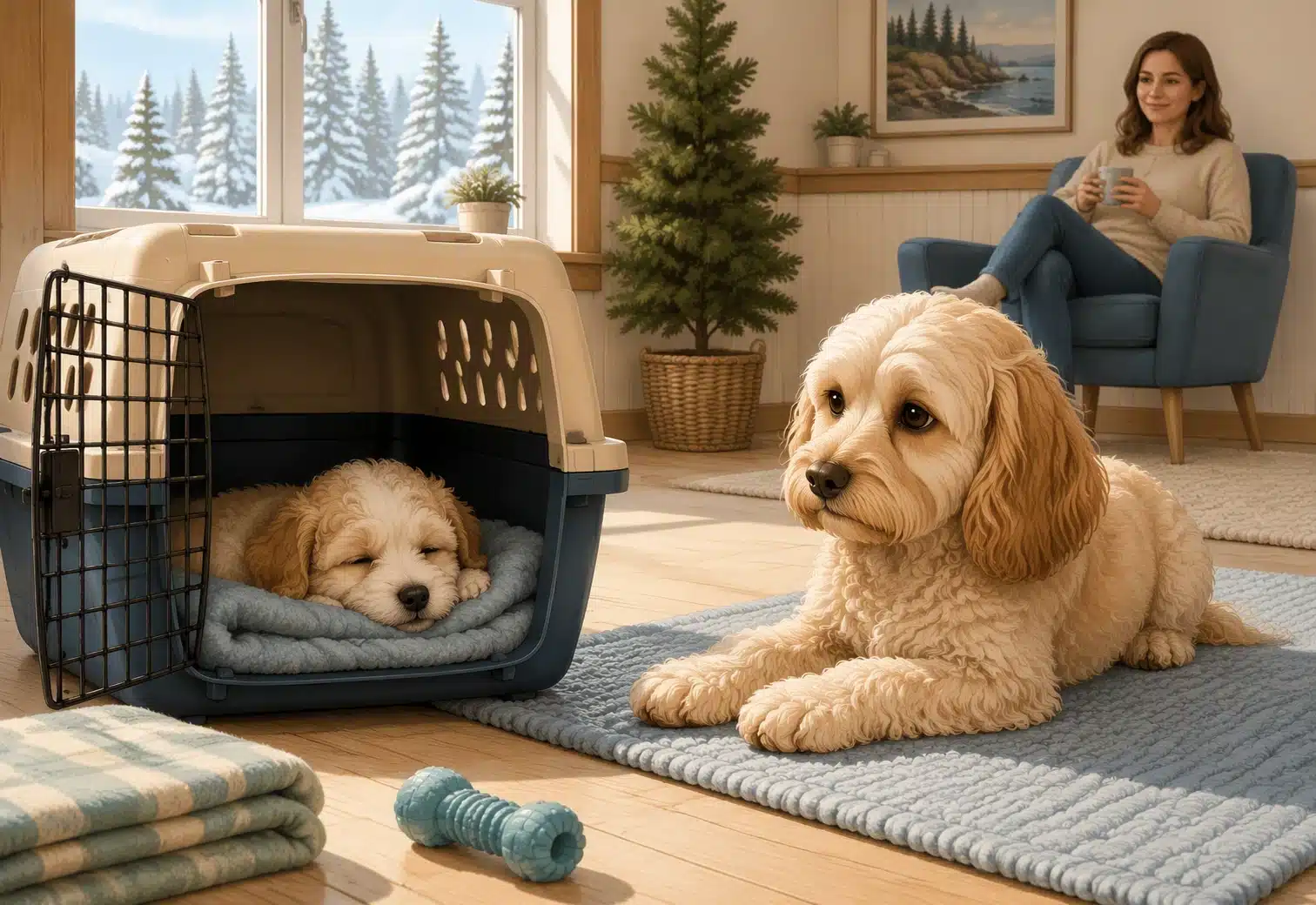 Calm puppy resting in crate beside adult dog