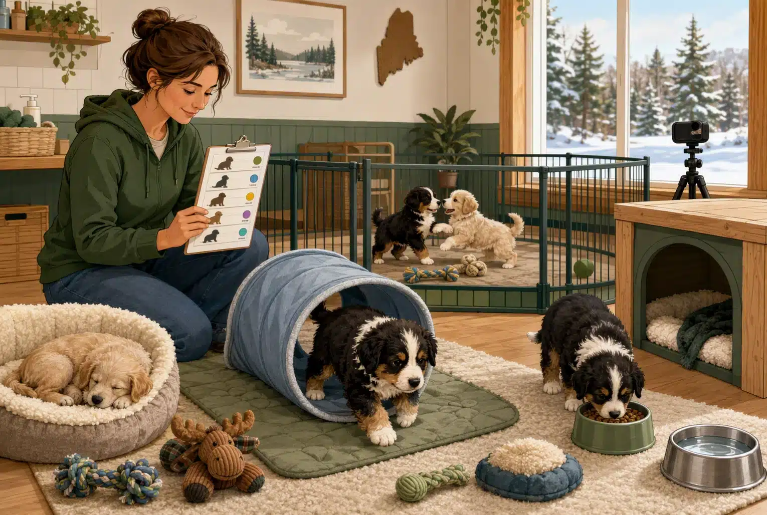 A breeder kneels beside a play tunnel, reviewing notes while a puppy explores