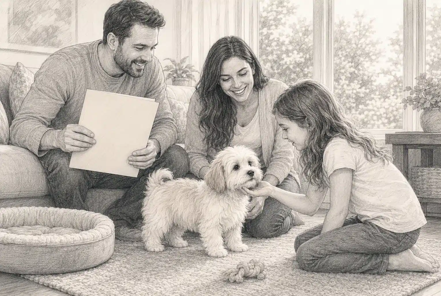 A happy family with a small, fluffy white puppy in a sunlit living room. The parents smile, while their daughter kneels to pet the dog, embodying the joy of bringing a new puppy home.