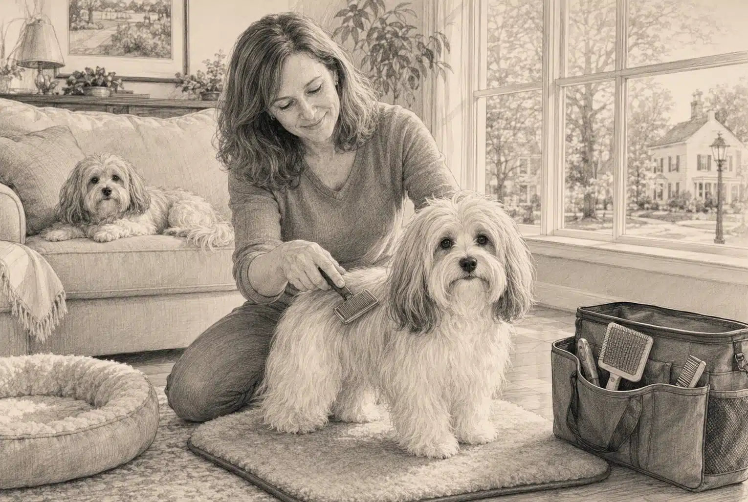 Woman brushing Havanese by sunny window