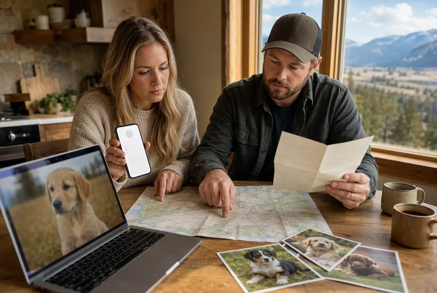 Montana couple verifying breeder contact details on laptop