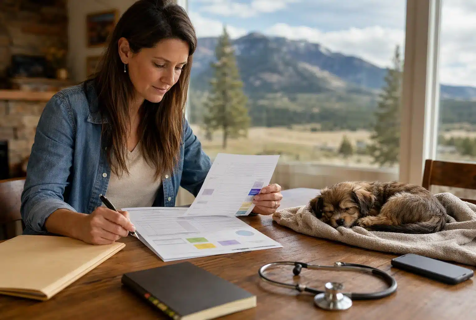 Montana buyer checking puppy vaccination record beside sleeping pup
