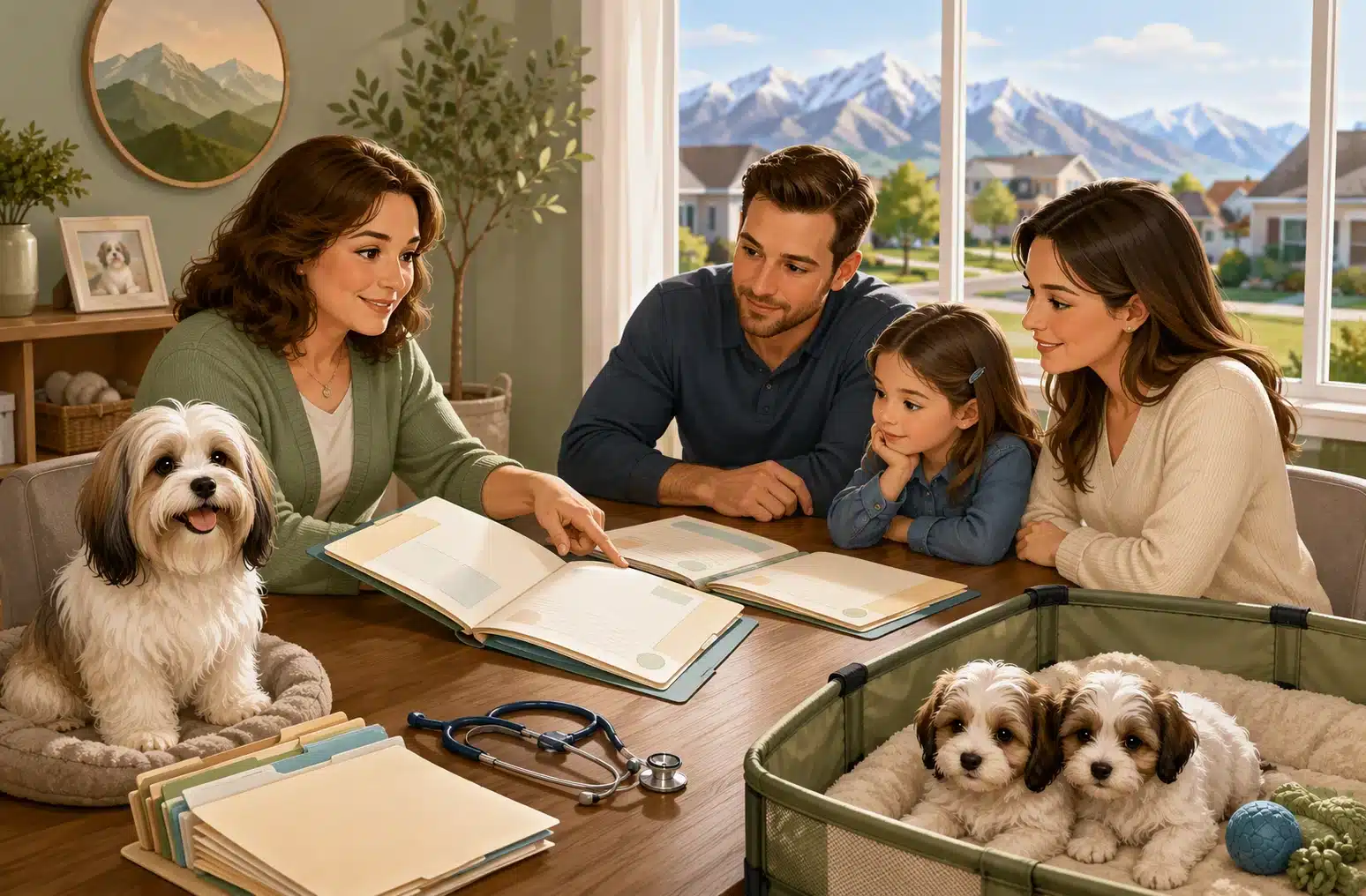 A family reviews health records with a breeder
