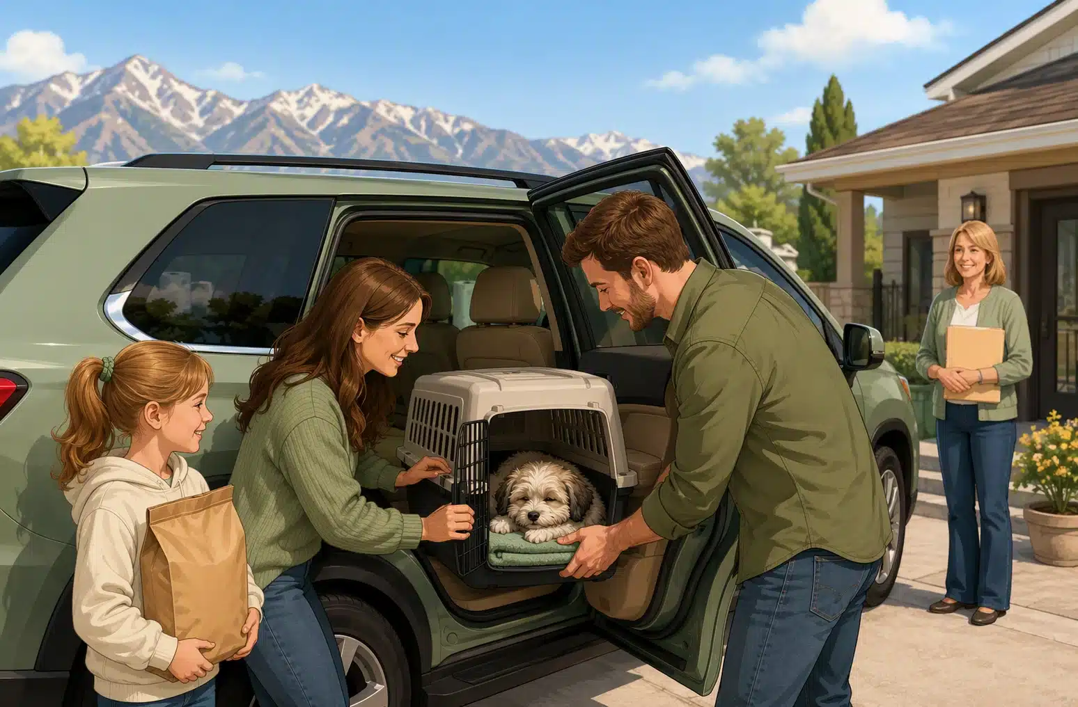 Utah family securing sleepy Havanese puppy in carrier