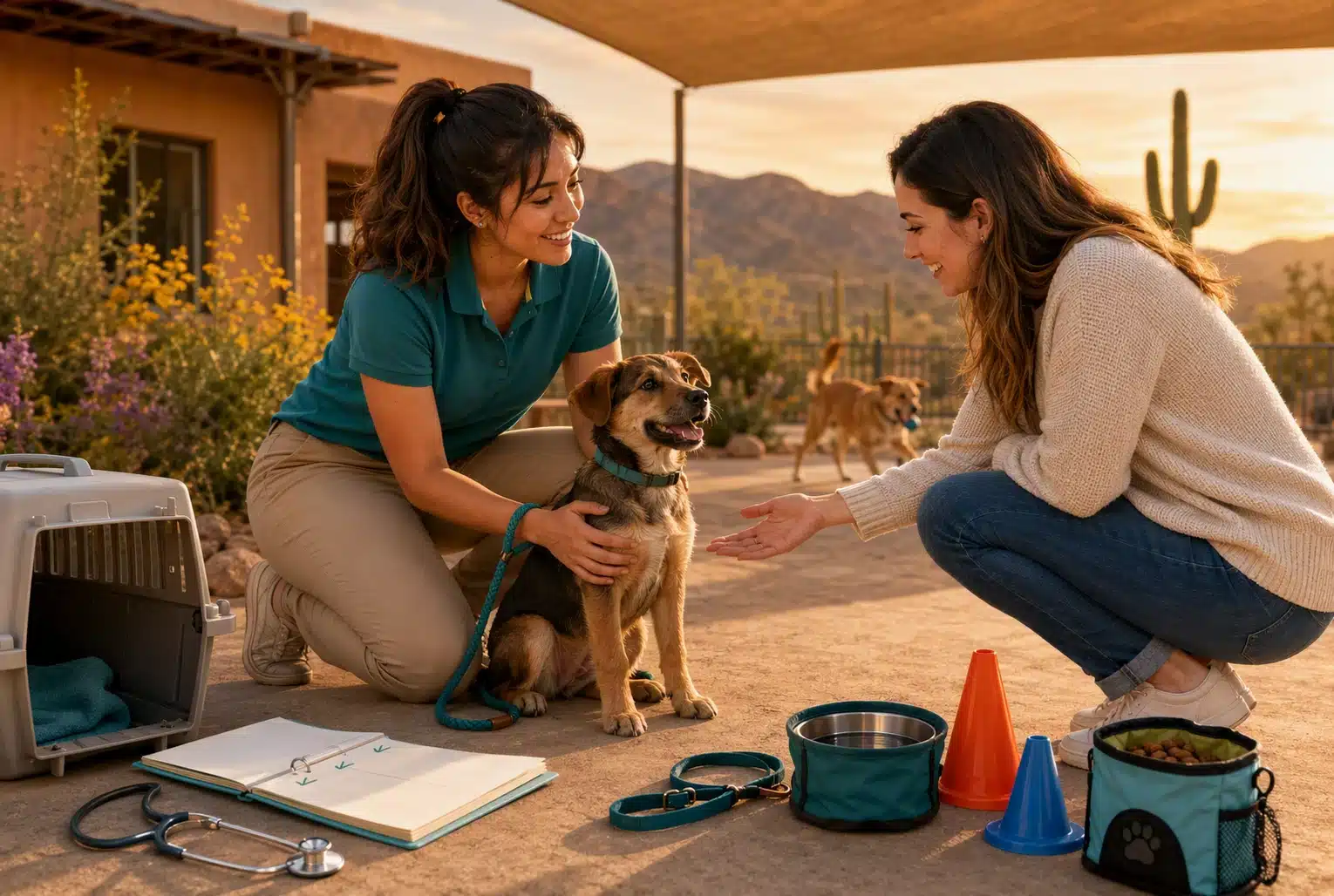 Volunteer handing a puppy to an adopter outdoors