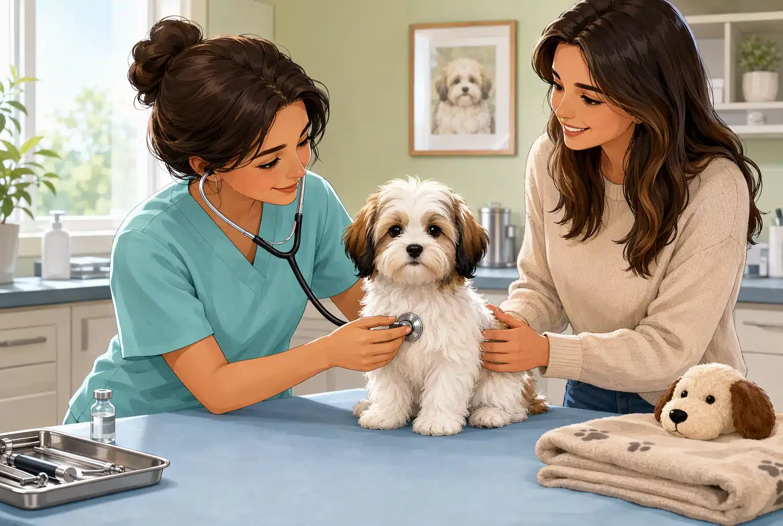 Veterinarian examining a happy Havanese puppy