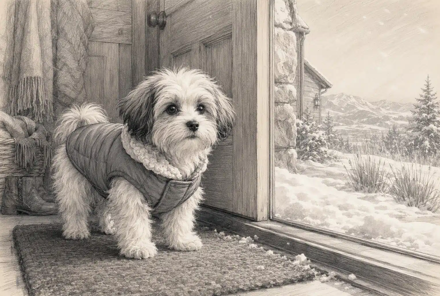 Havanese puppy in coat by snowy doorstep