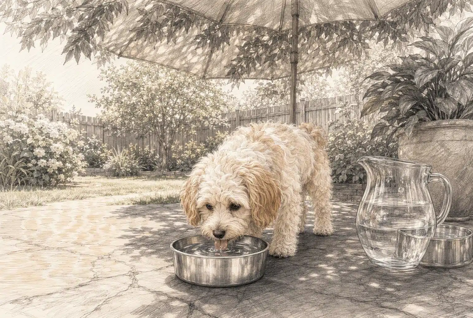 Puppy drinking from shaded backyard water bowl