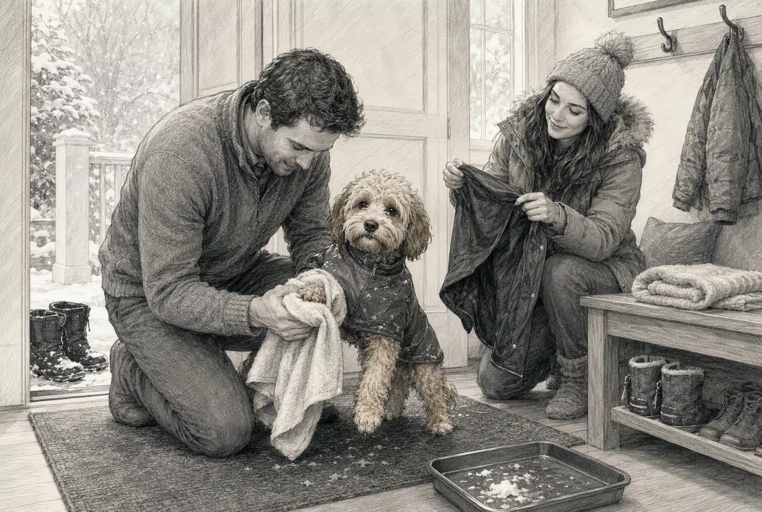 Family drying puppy paws by snowy entryway