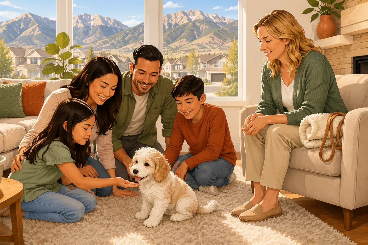 A family cuddling a fluffy puppy indoors