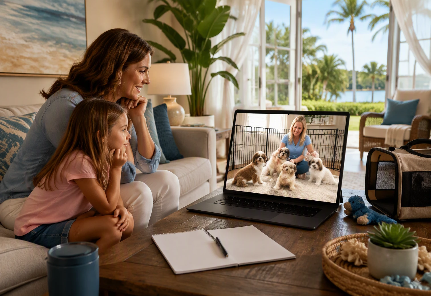 Family watching Havanese puppies on video call