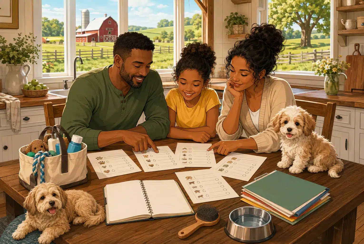 Family comparing puppy notes at farmhouse table
