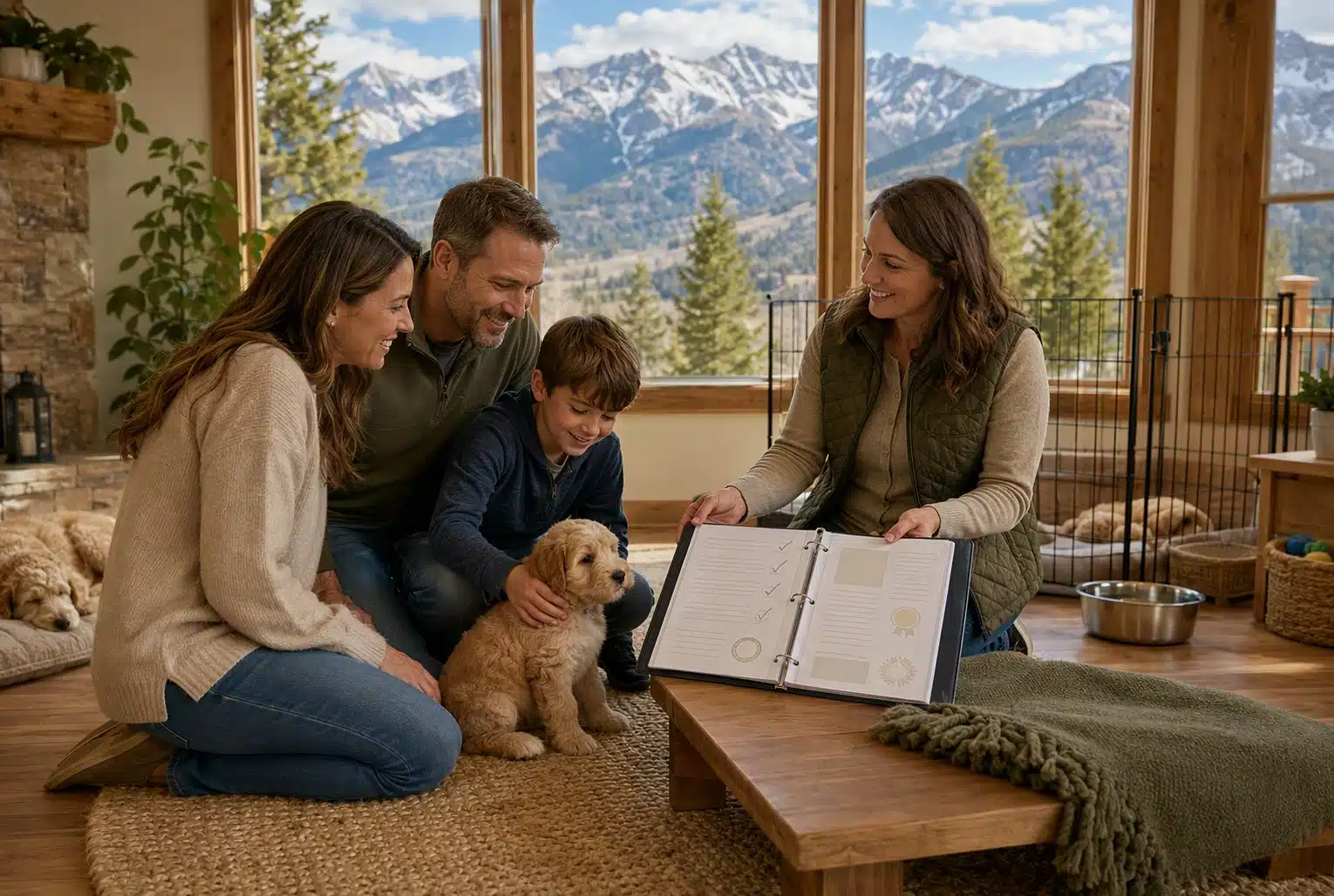 A Colorado family reviews breeder records beside a puppy