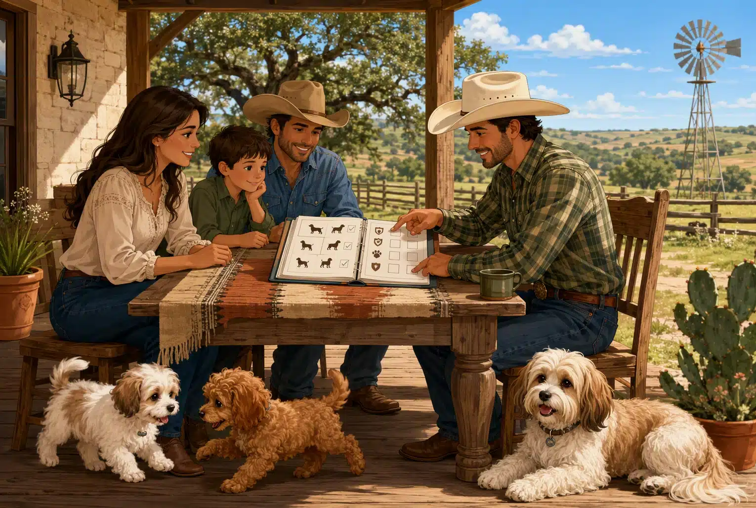 Family reviewing puppy records on a Texas ranch porch