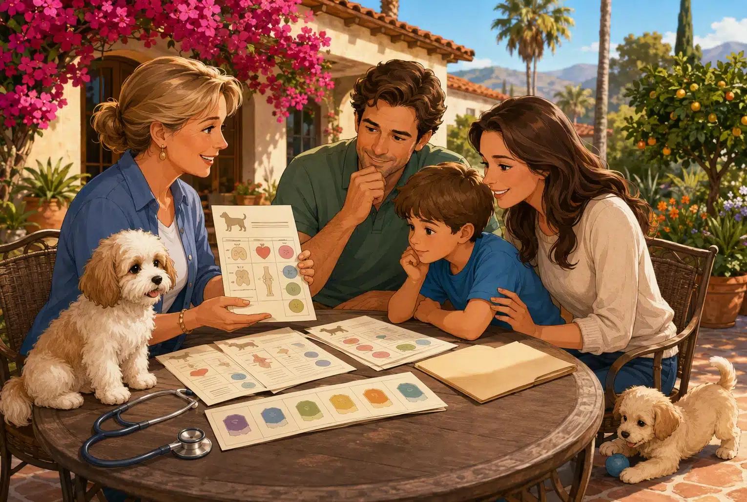 Family reviewing puppy health documents with breeder