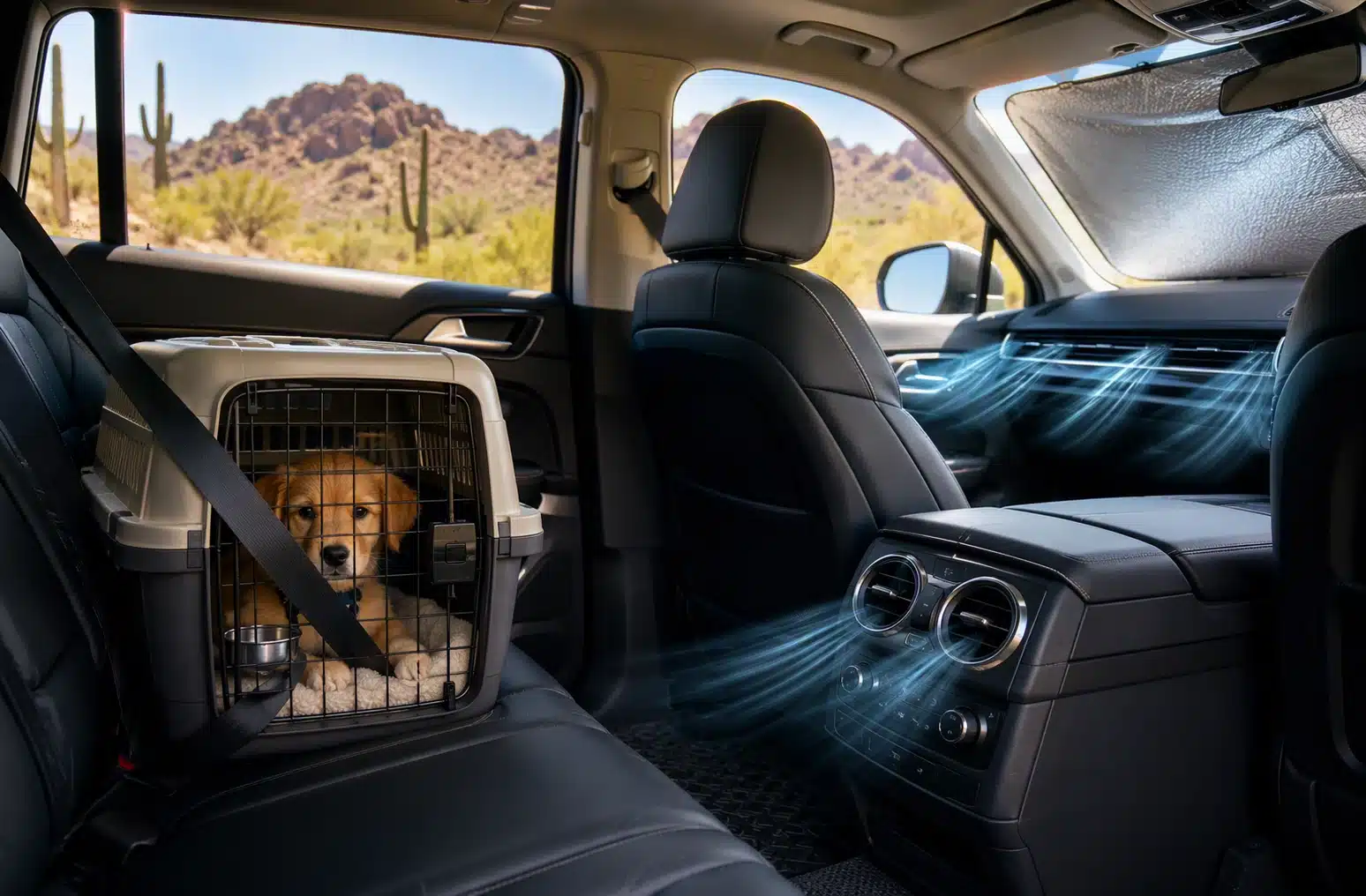 Air-conditioned SUV with secured puppy carrier