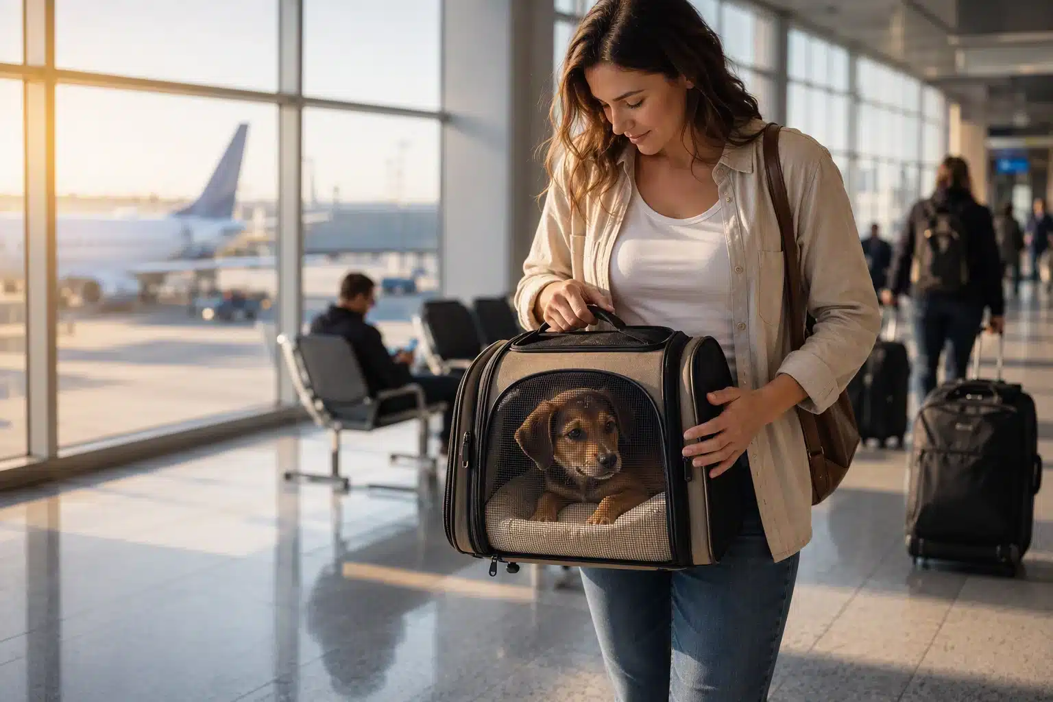Passenger carrying puppy carrier through airport terminal