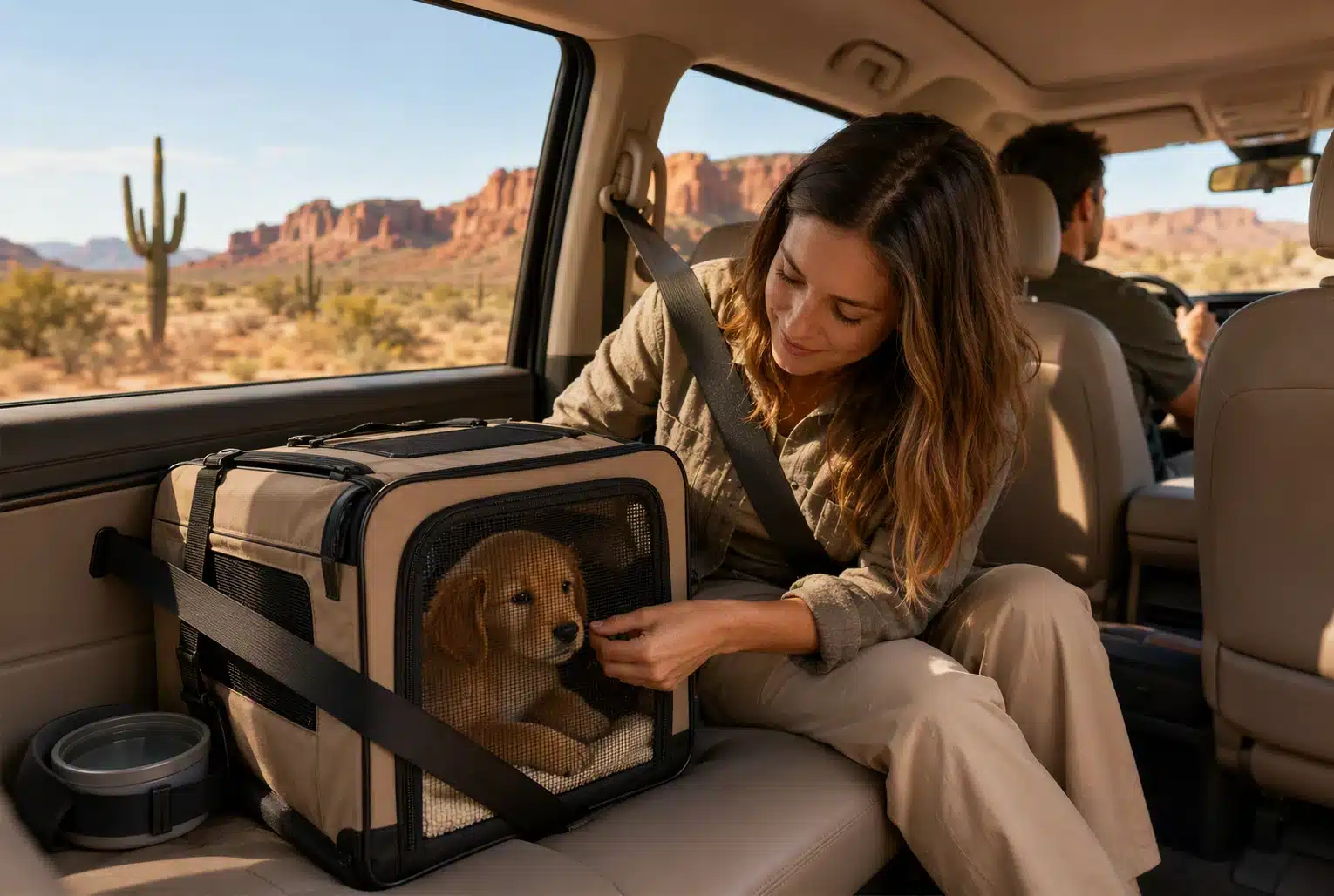 Family securing puppy in car carrier on road trip