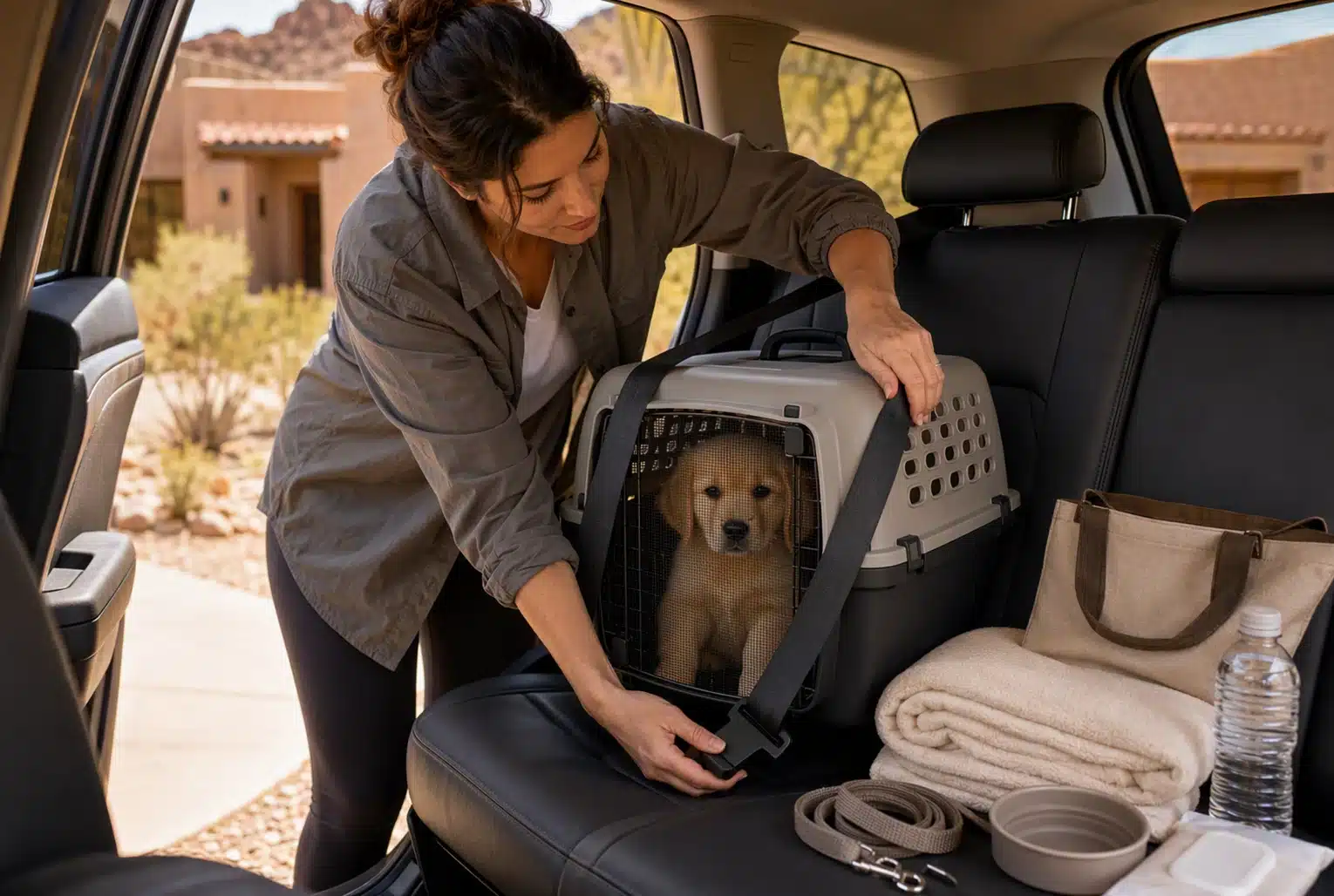 Secure puppy# Pet Carrier Secured in Car Back#