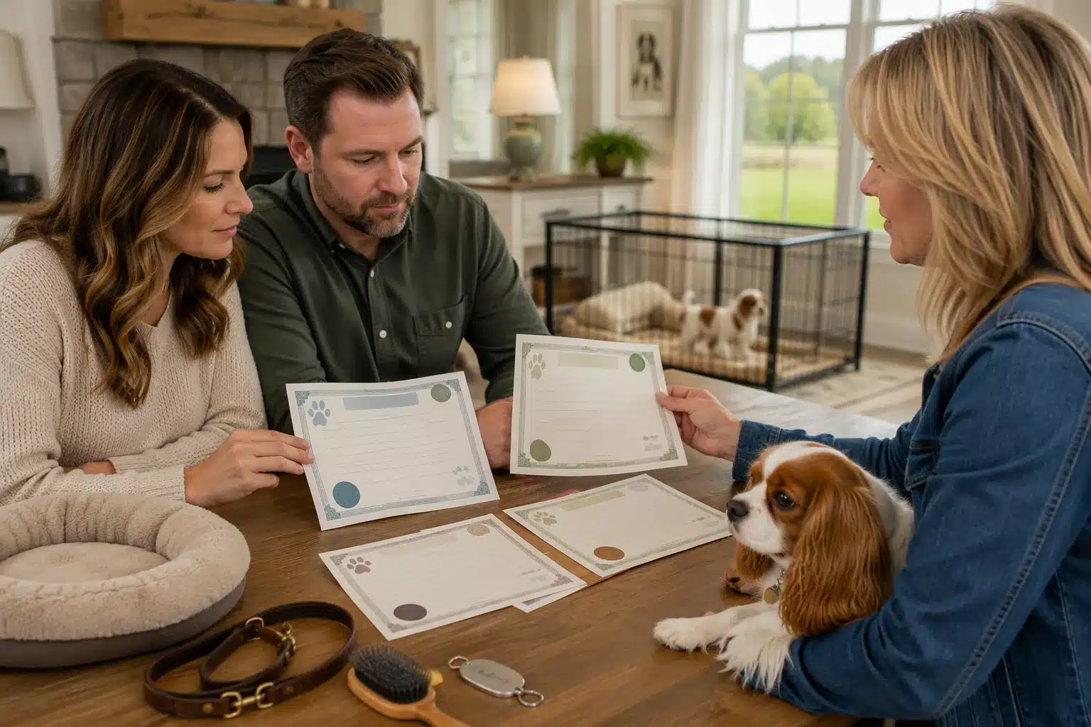 A couple reviews puppy adoption certificates with a woman and a Cavalier King Charles Spaniel puppy in a bright, homey setting.