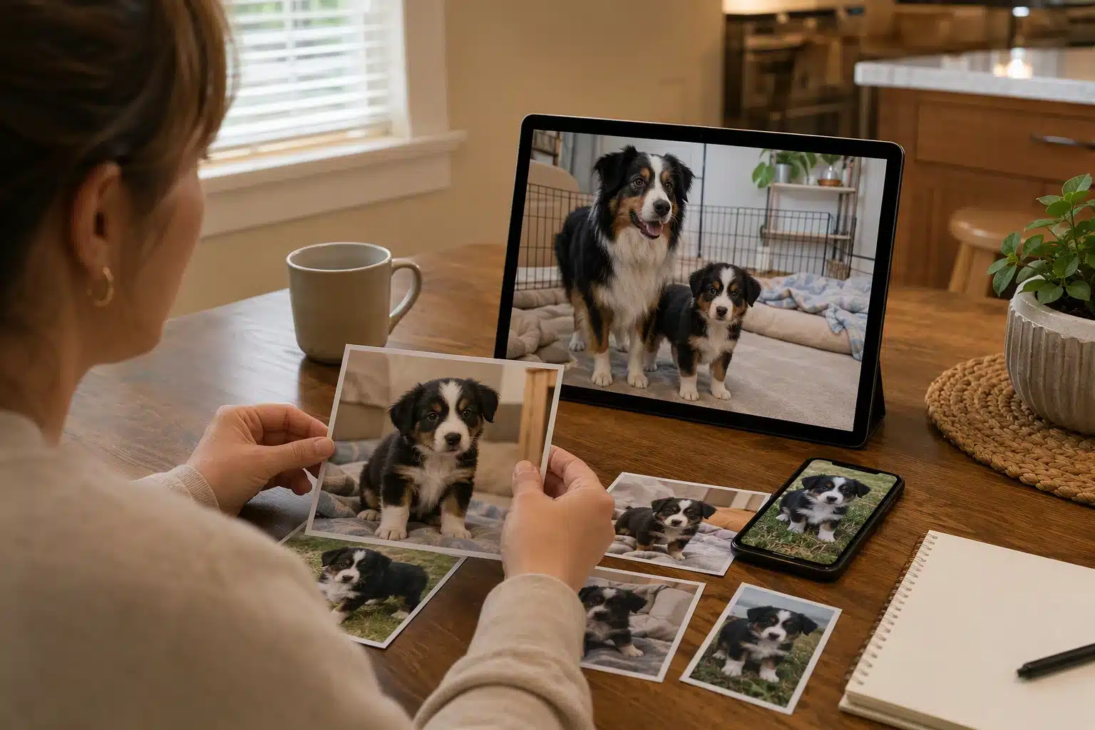 Buyer comparing puppy photos to video call