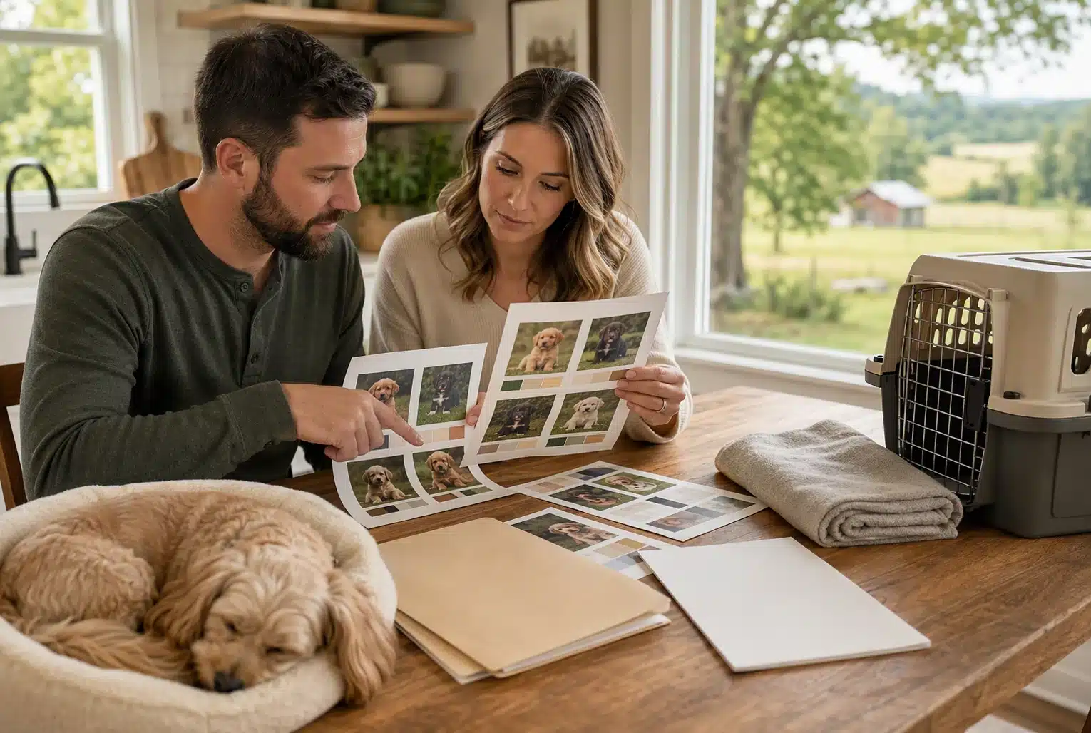 Couple reviewing puppy reviews beside sleeping dog