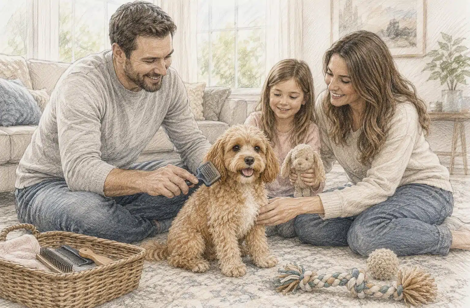 A family brushing a Cavapoo beside scattered toys