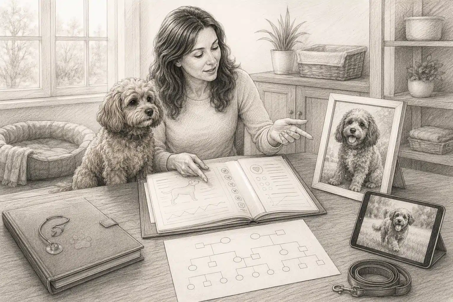 Breeder reviewing health records beside Cavapoos