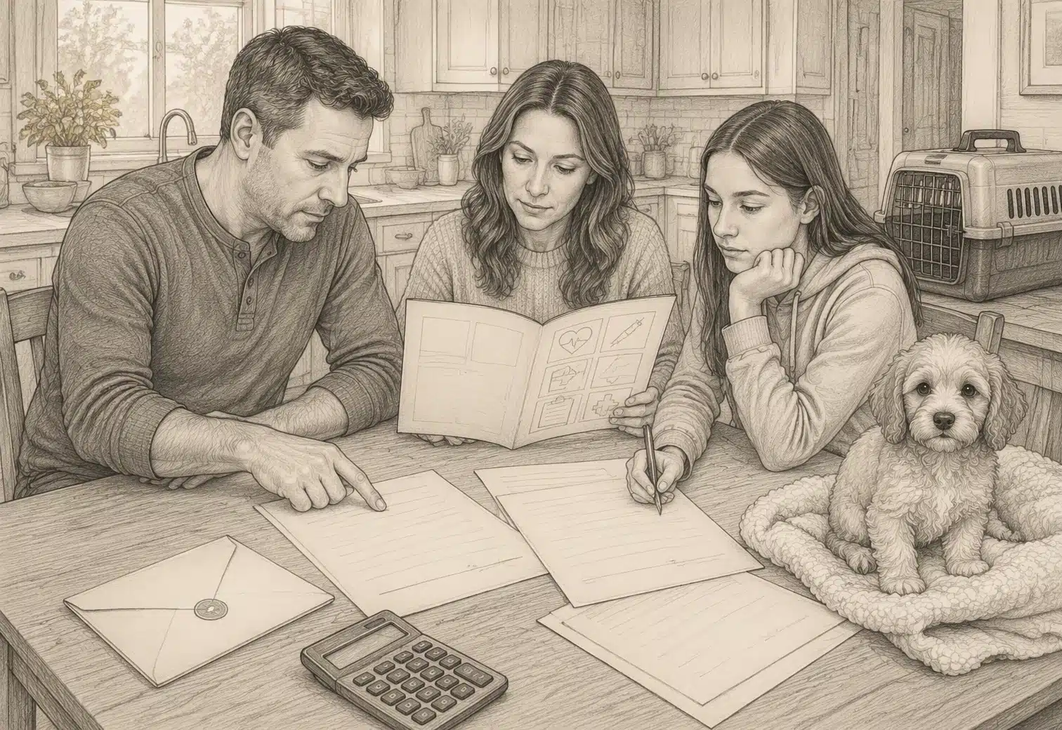 Family reviewing Cavapoo contract at kitchen table