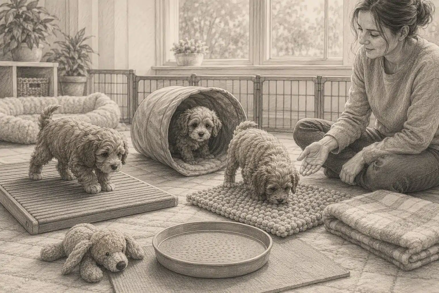 Cavapoo puppies exploring textured tunnel nursery